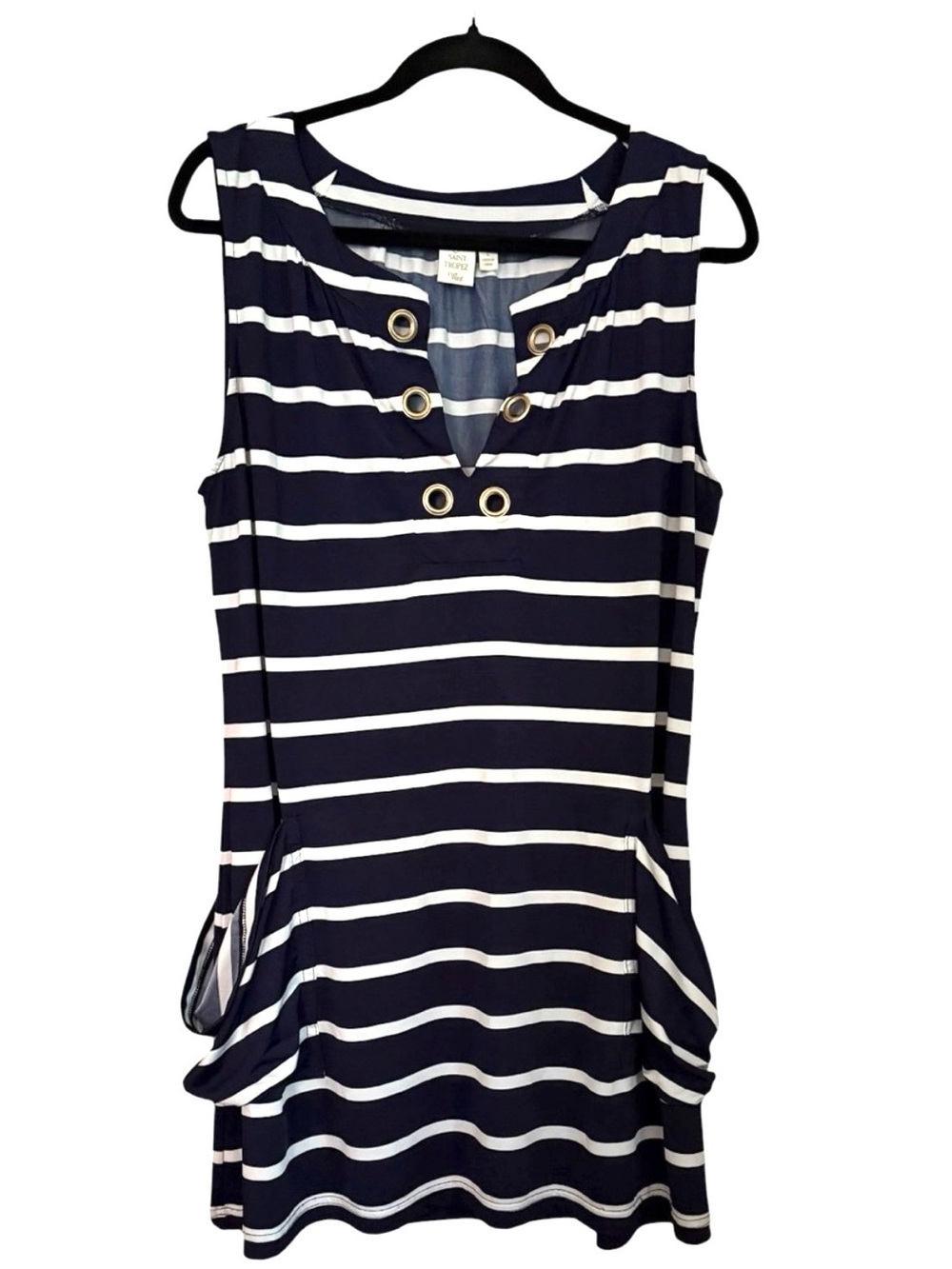 Saint Tropez West Nautical Blue & White Large Sleeveless W Pockets Gold Accents